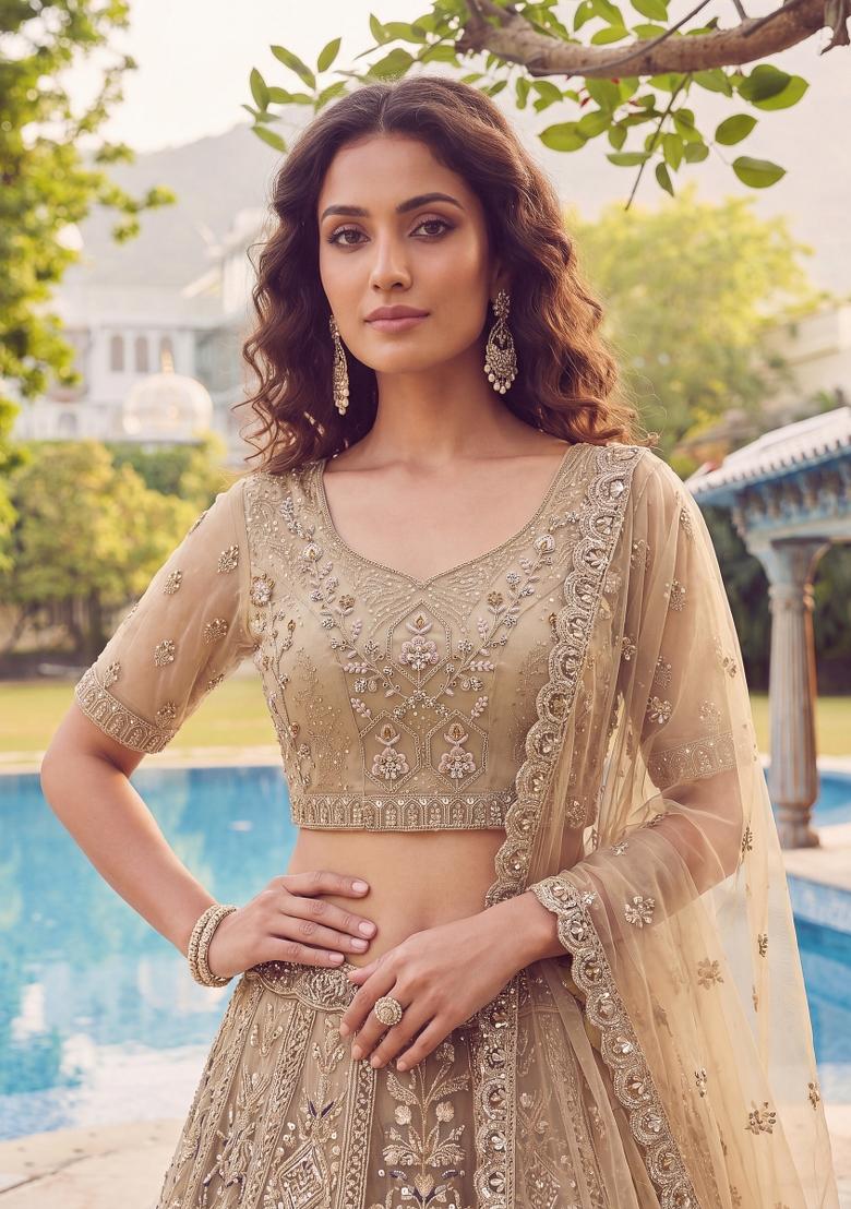 Chiku Embroidered Net Lehenga Set - Indya