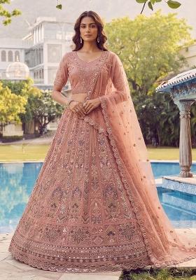 Peach Embroidered Net Lehenga Set