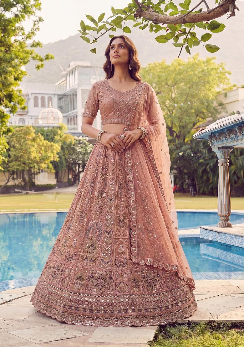 Peach Embroidered Net Lehenga Set - Indya