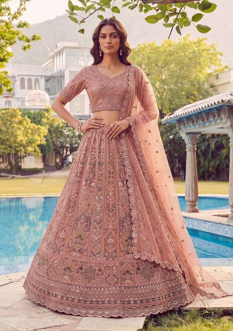 Peach Embroidered Net Lehenga Set - Indya
