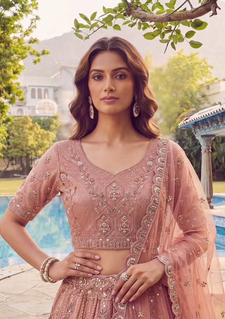 Peach Embroidered Net Lehenga Set - Indya
