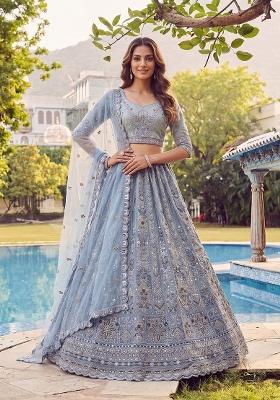 Grey Embroidered Net Lehenga Set