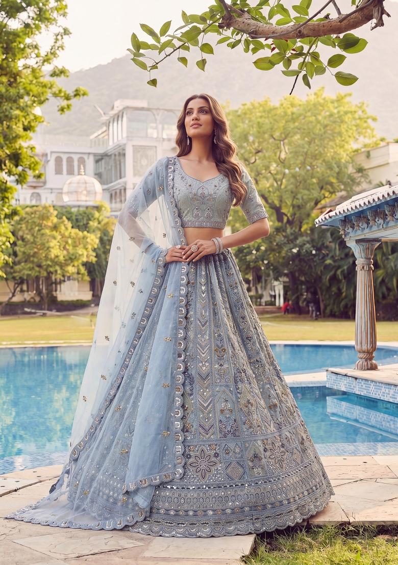 Grey Embroidered Net Lehenga Set - Indya