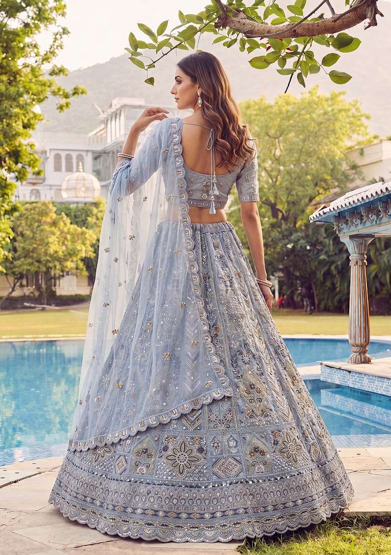 Grey Embroidered Net Lehenga Set - Indya
