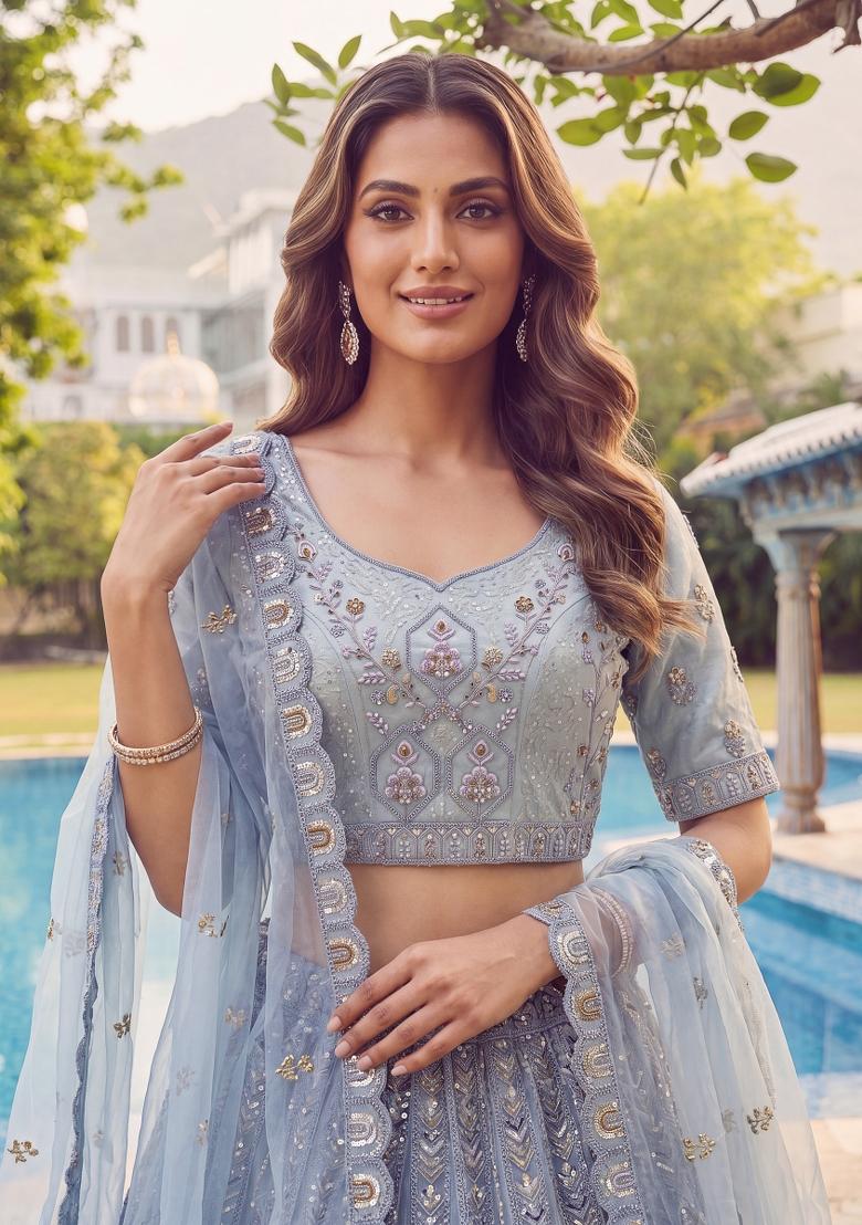 Grey Embroidered Net Lehenga Set - Indya