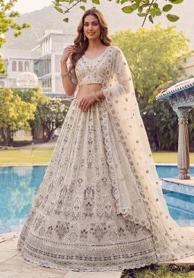 White Embroidered Net Lehenga Set