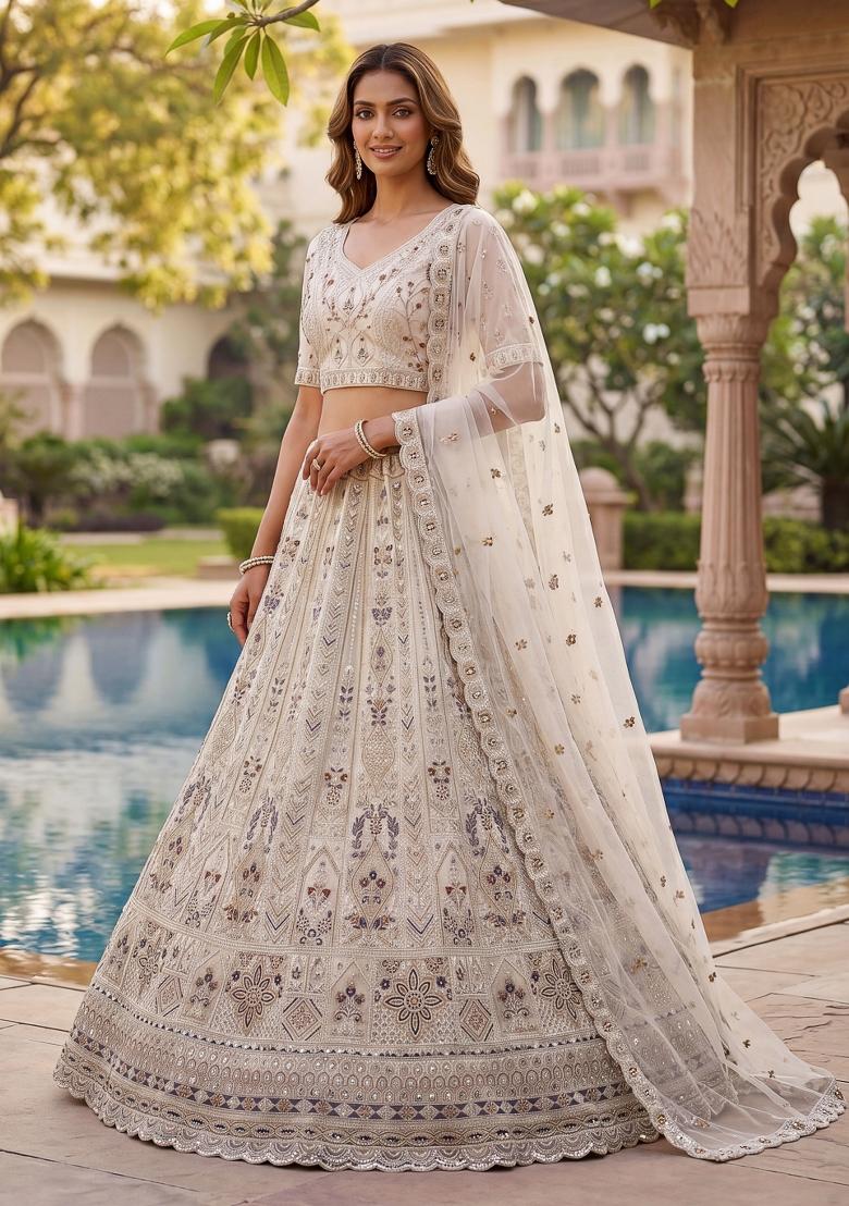 White Embroidered Net Lehenga Set - Indya