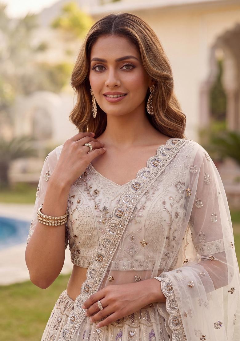 White Embroidered Net Lehenga Set - Indya