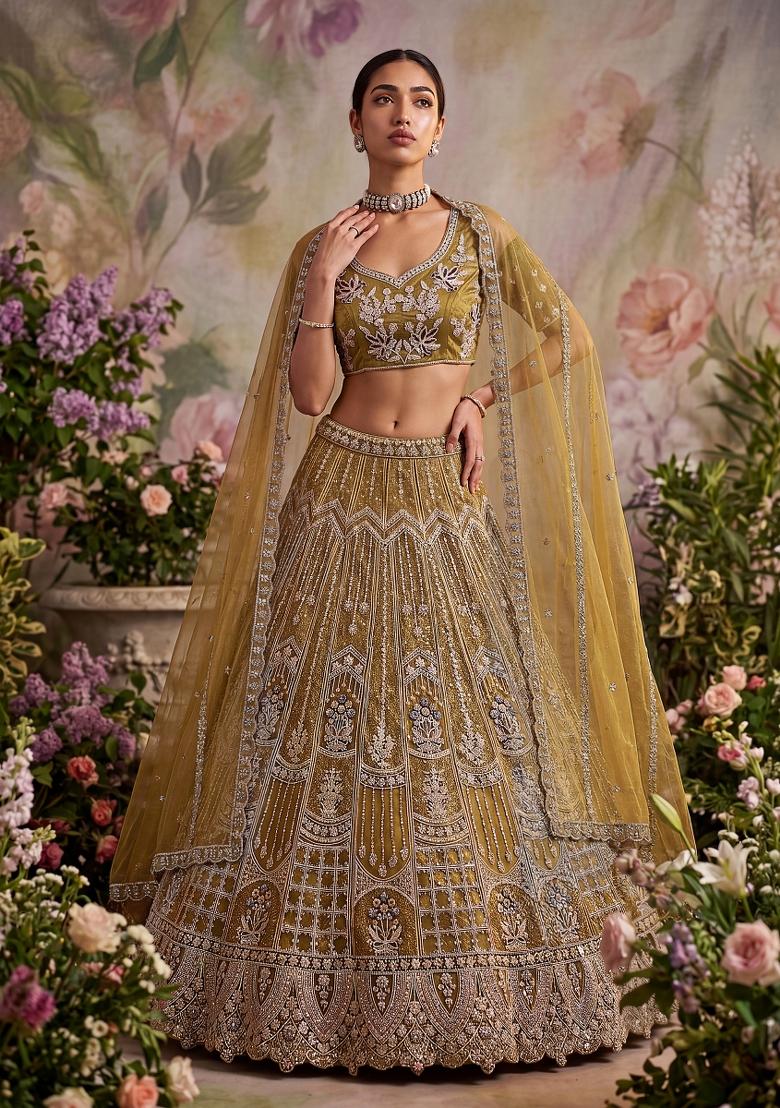 Mehendi Zari Work Net Lehenga Set - Indya