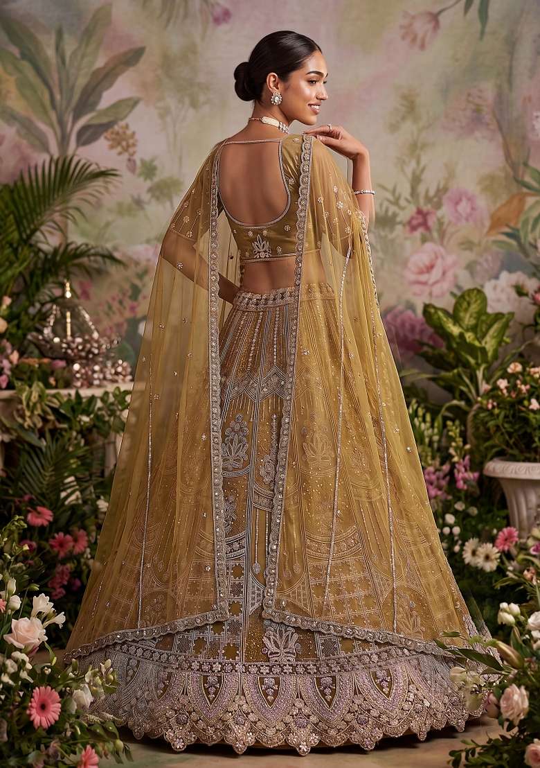 Mehendi Zari Work Net Lehenga Set - Indya