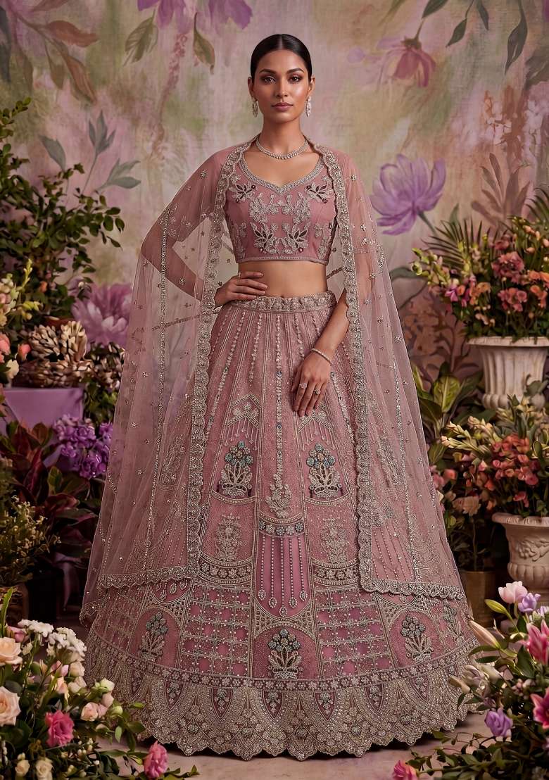 Pink Zari Work Net Lehenga Set - Indya