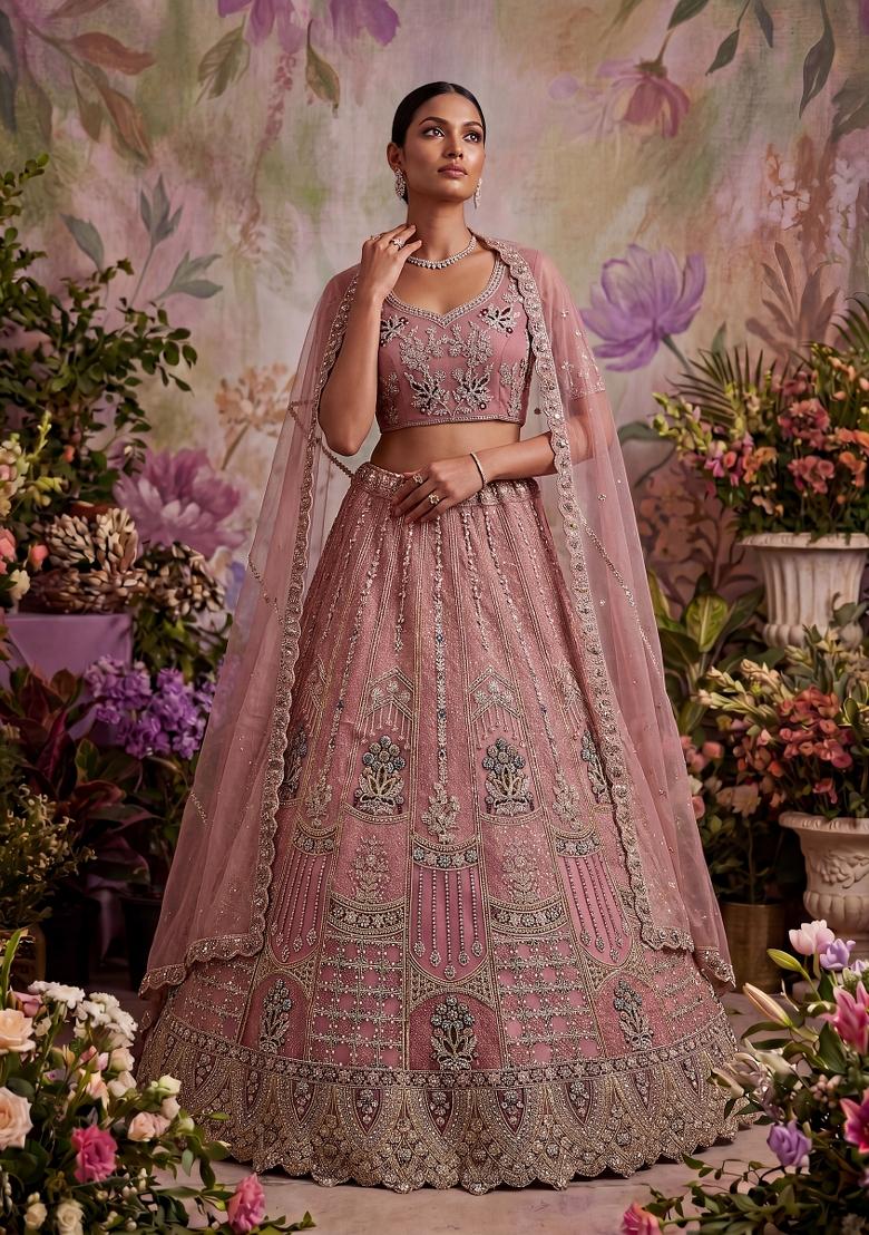 Pink Zari Work Net Lehenga Set - Indya