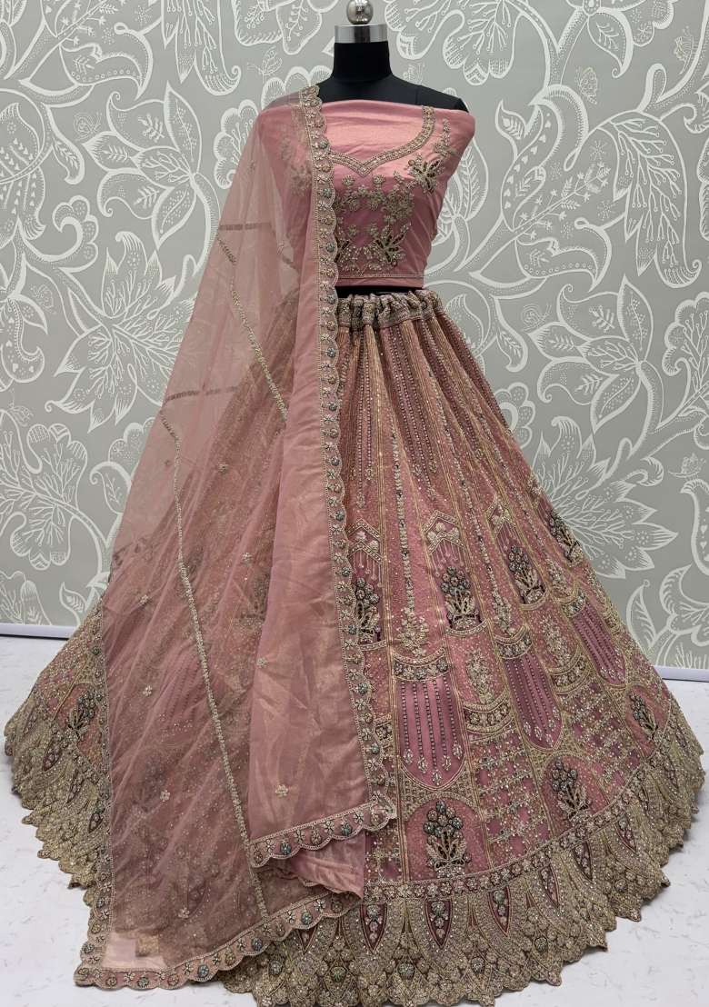 Pink Zari Work Net Lehenga Set - Indya