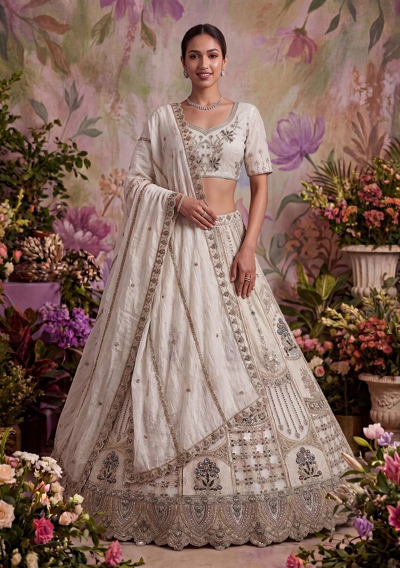 White Zari Work Net Lehenga Set - Indya