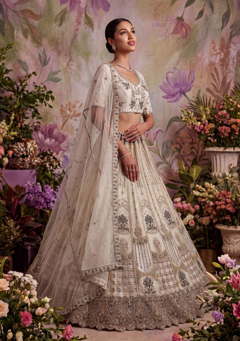 White Zari Work Net Lehenga Set - Indya