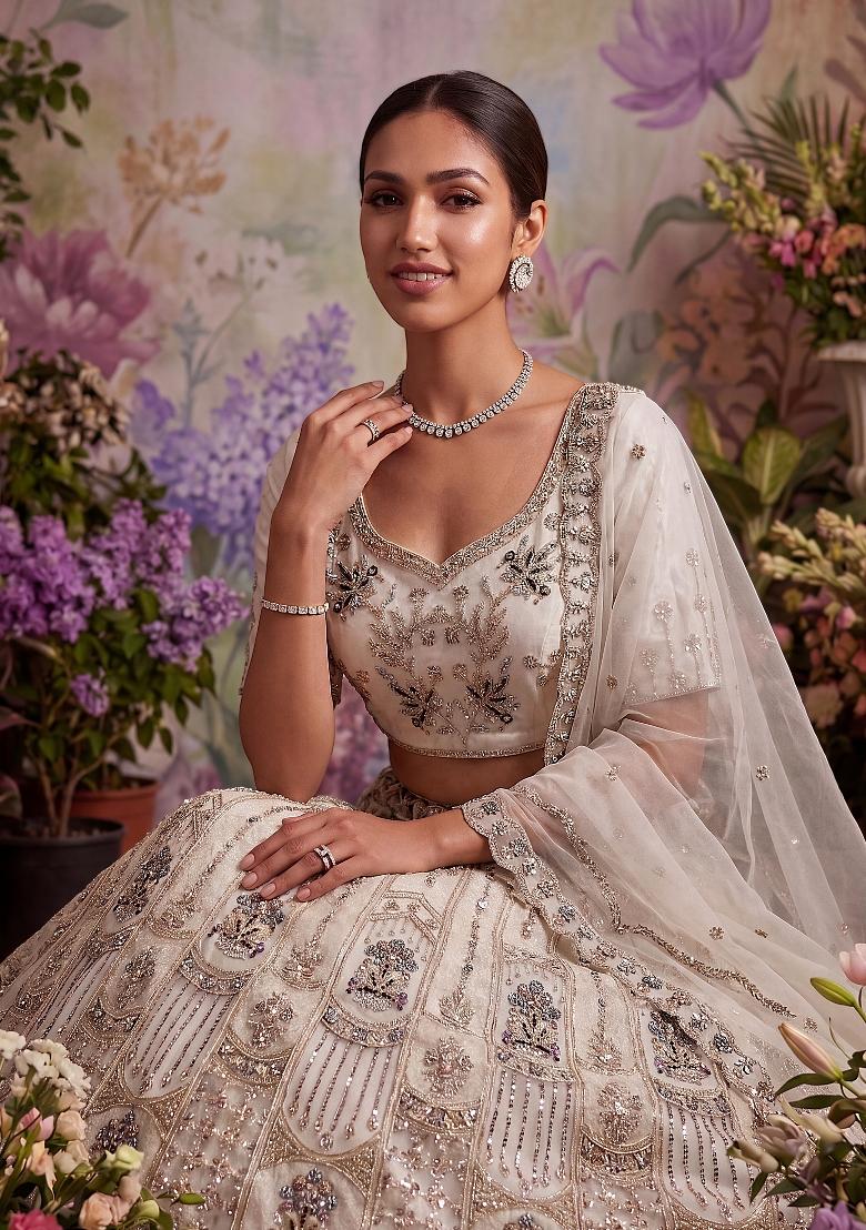 White Zari Work Net Lehenga Set - Indya