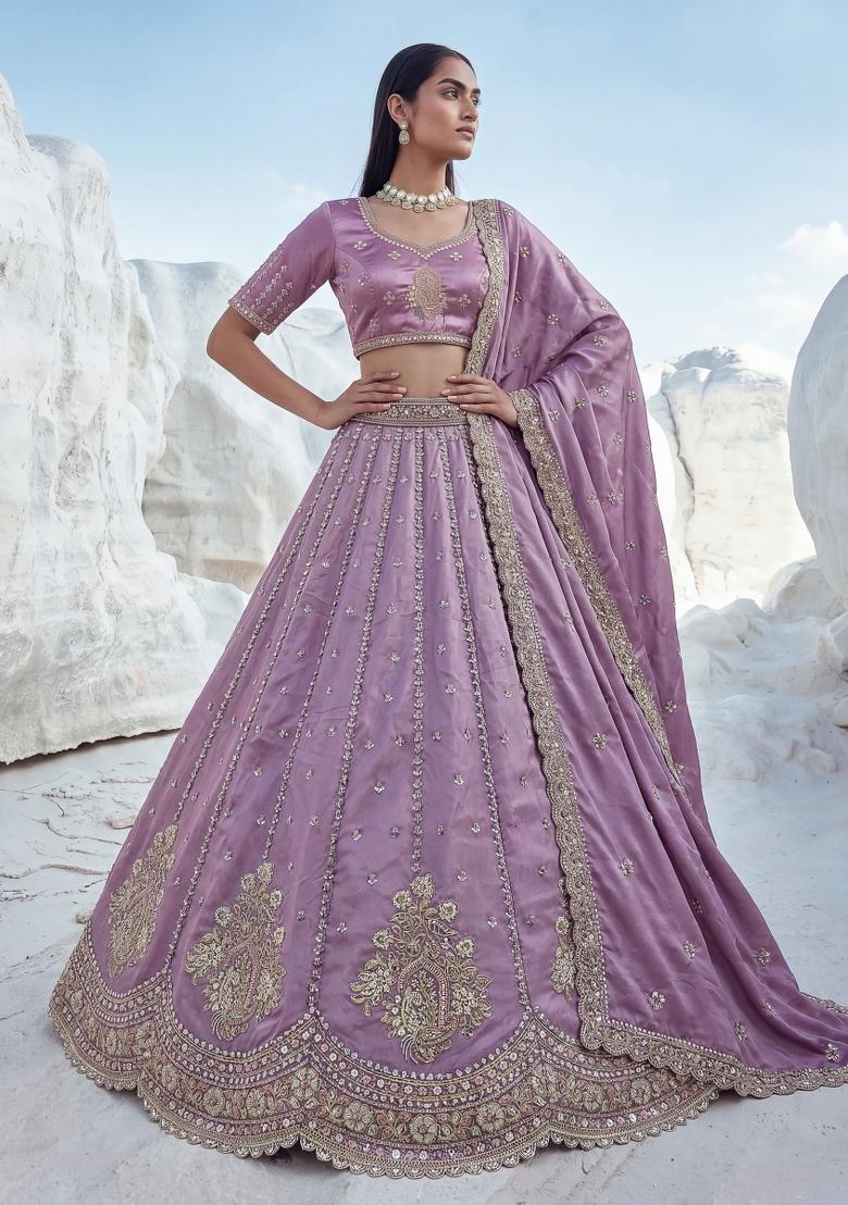 Lavender Sequin Work Silk Lehenga Set - Indya
