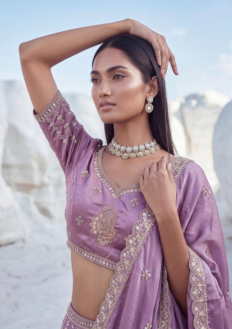 Lavender Sequin Work Silk Lehenga Set - Indya