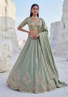 Pista Sequin Work Silk Lehenga Set