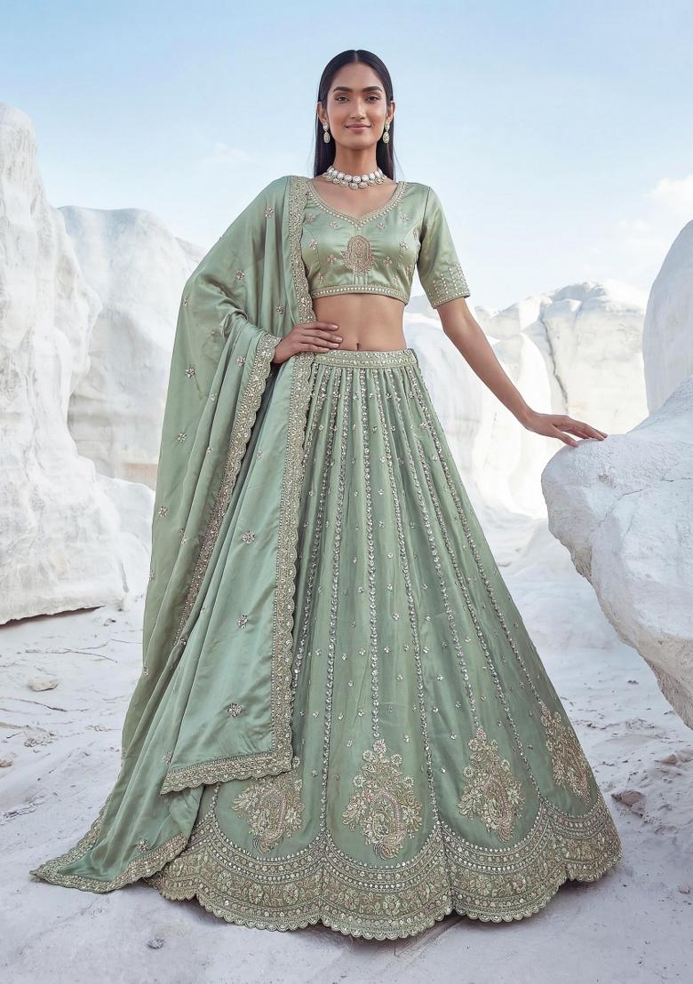 Pista Sequin Work Silk Lehenga Set - Indya