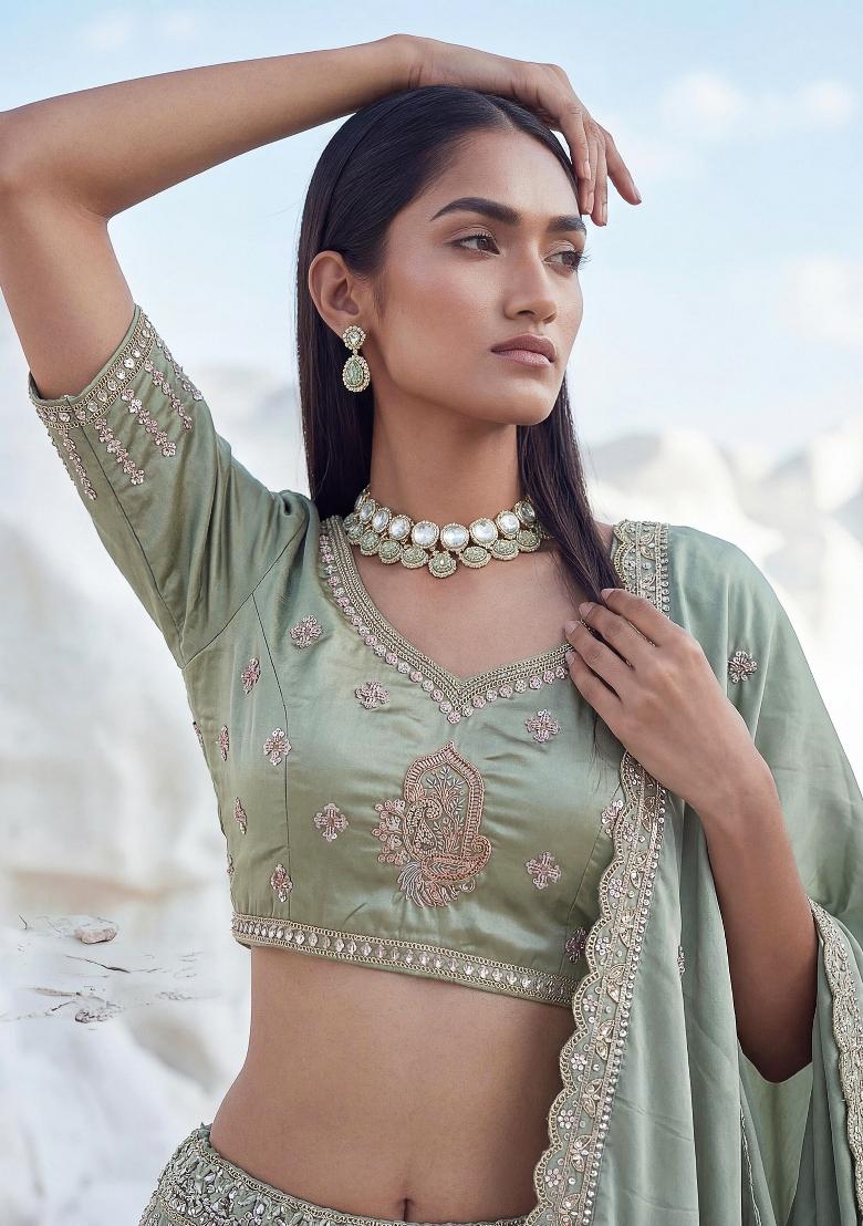 Pista Sequin Work Silk Lehenga Set - Indya