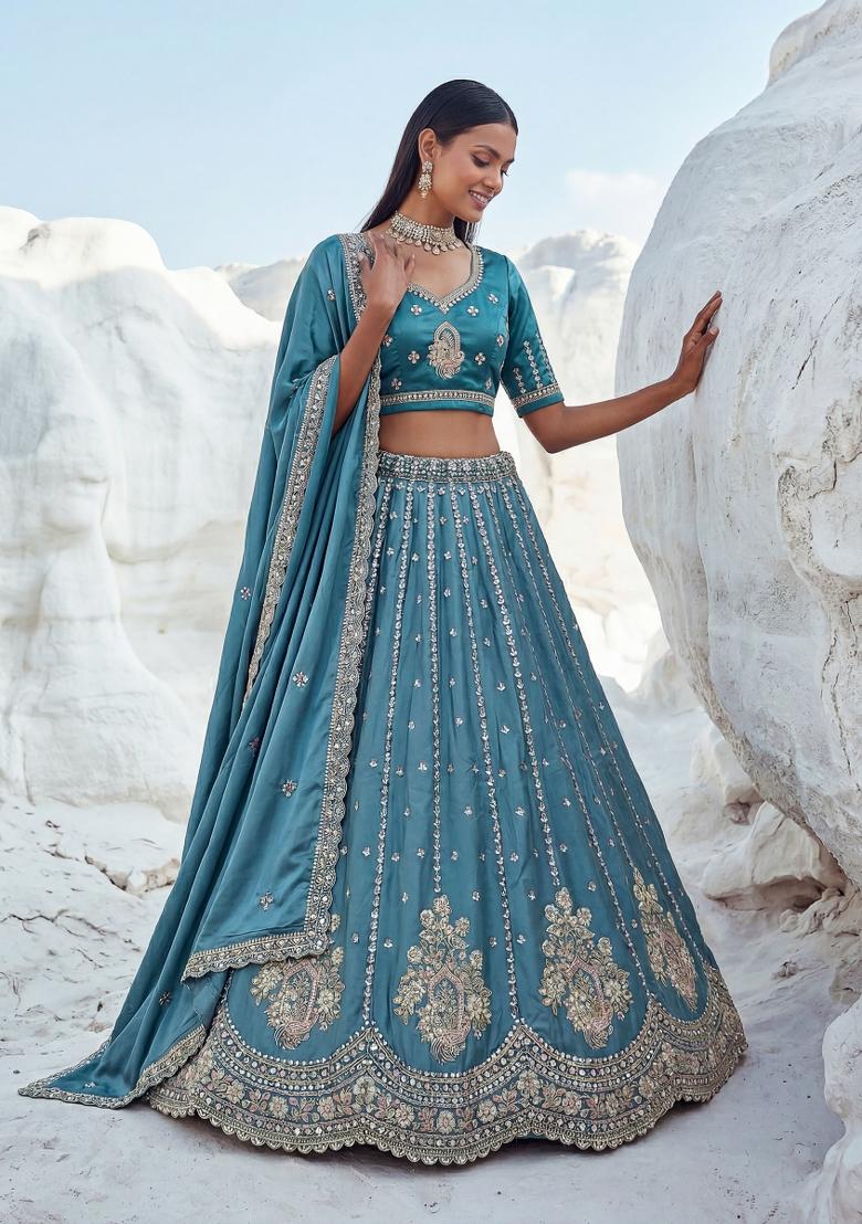 Sky Blue Sequin Work Silk Lehenga Set - Indya