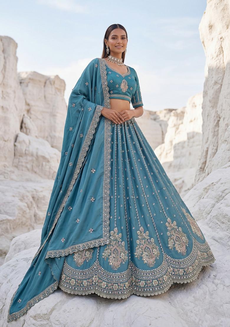Sky Blue Sequin Work Silk Lehenga Set - Indya