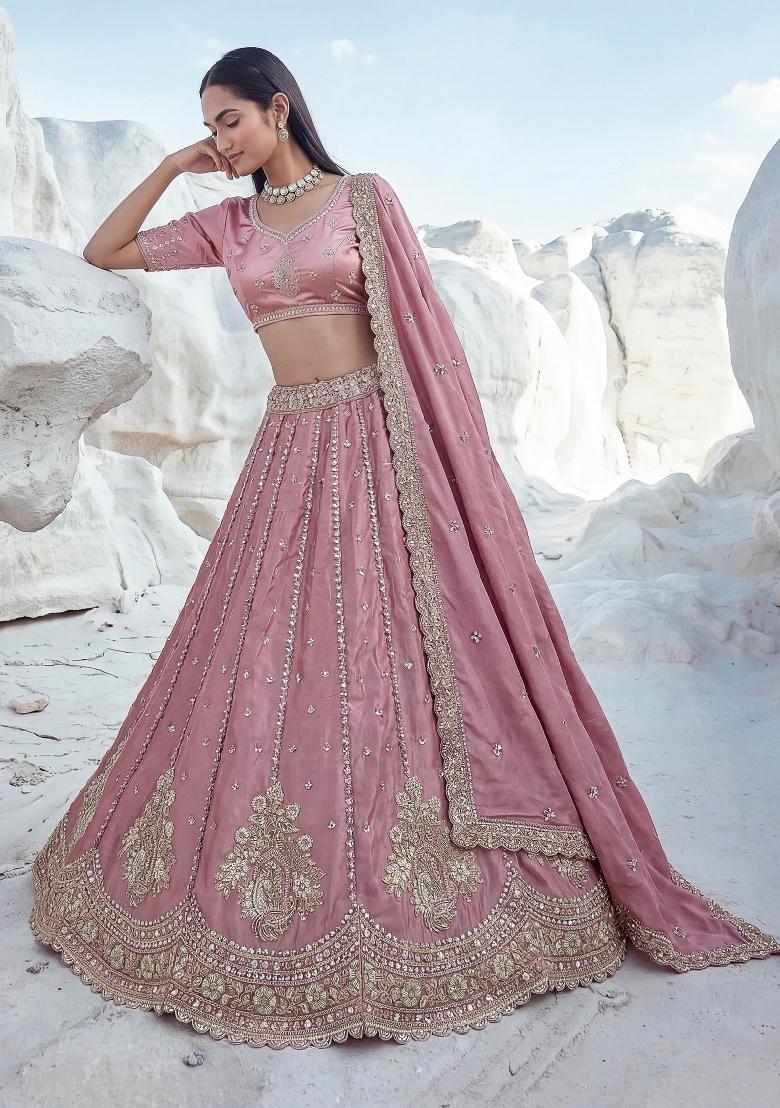 Pink Sequin Work Silk Lehenga Set - Indya