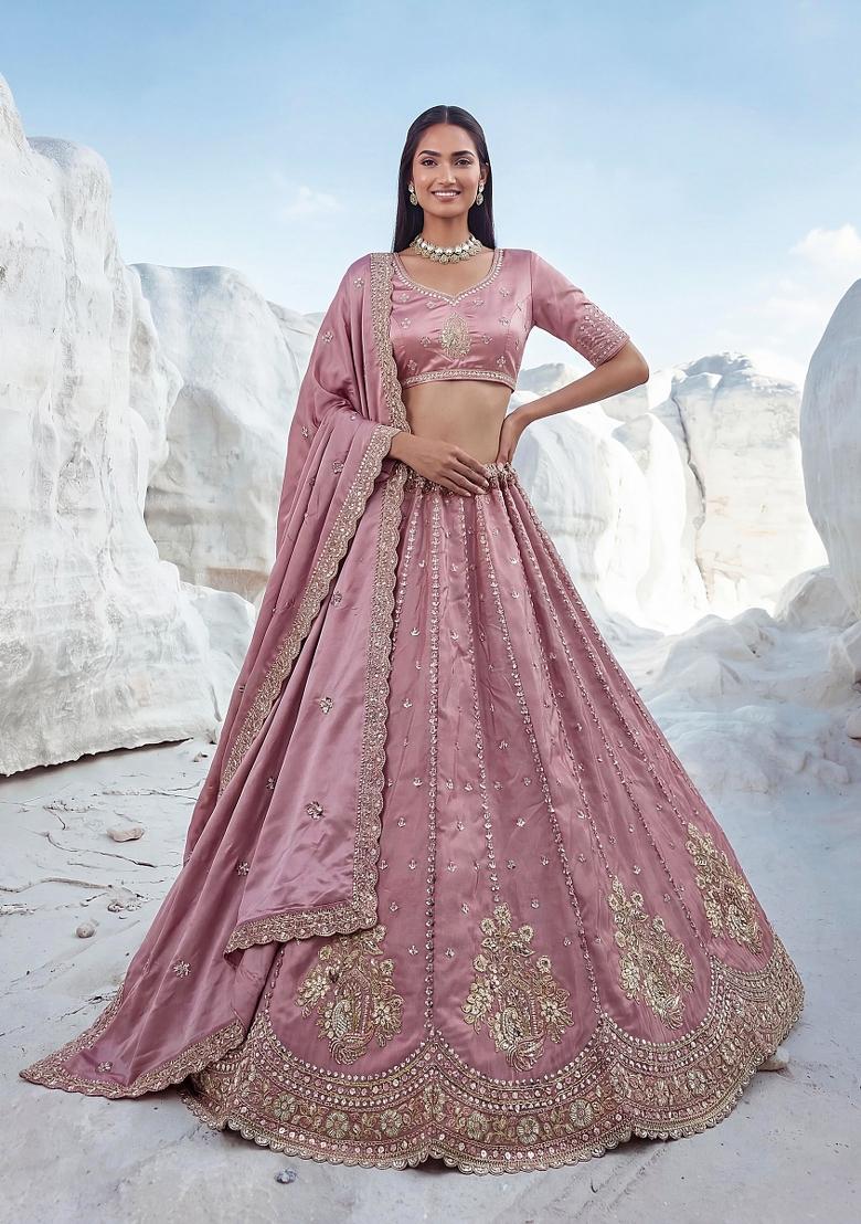 Pink Sequin Work Silk Lehenga Set - Indya