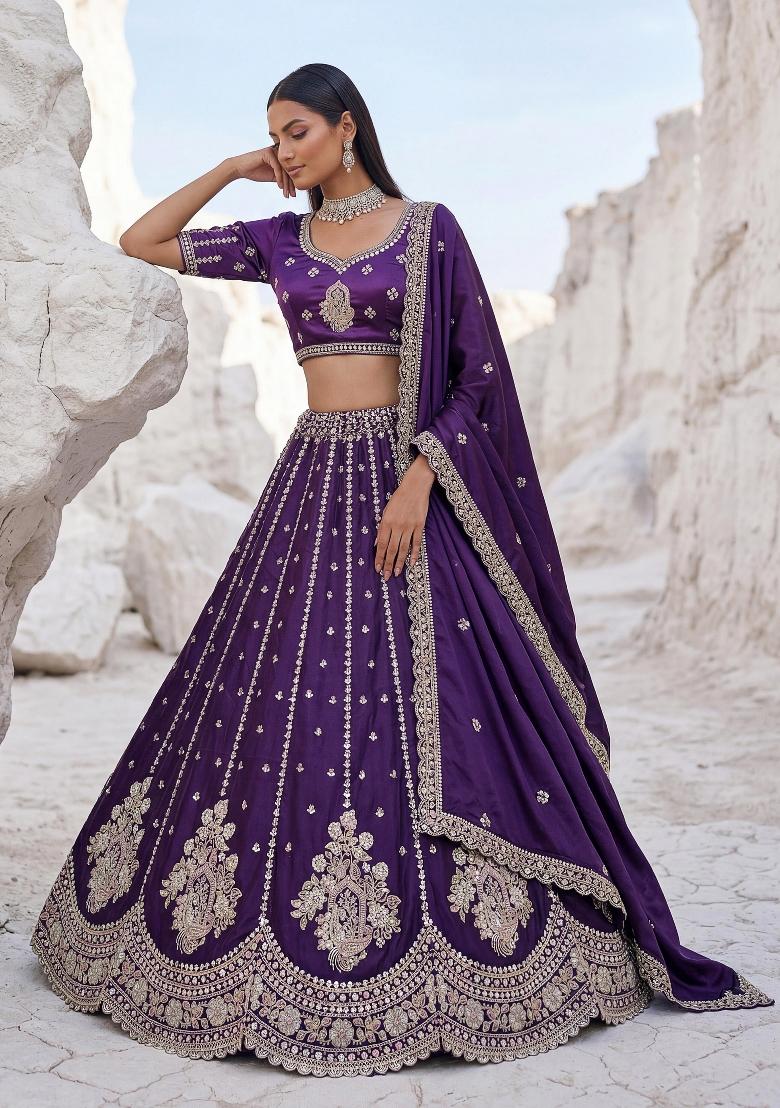 Violet Sequin Work Silk Lehenga Set - Indya