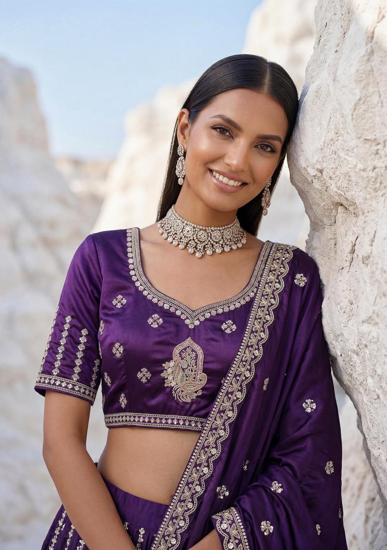 Violet Sequin Work Silk Lehenga Set - Indya