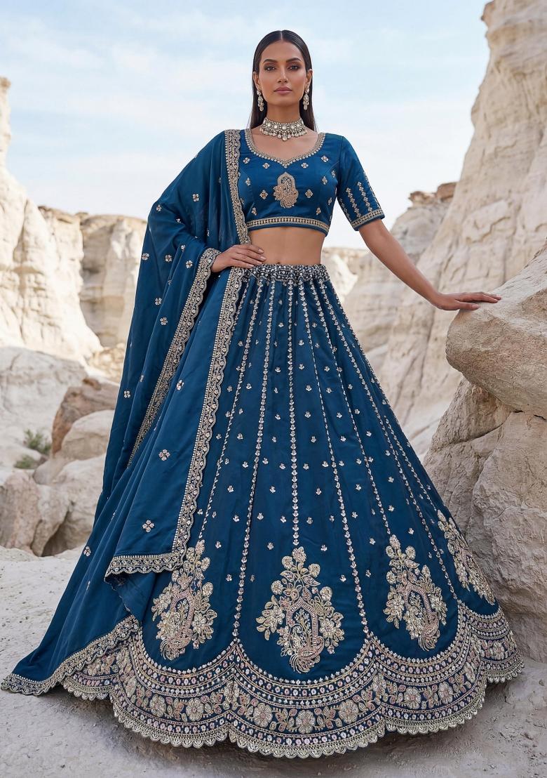 Morpeach Sequin Work Silk Lehenga Set - Indya