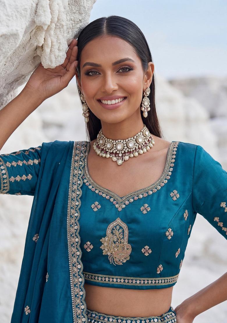 Morpeach Sequin Work Silk Lehenga Set - Indya