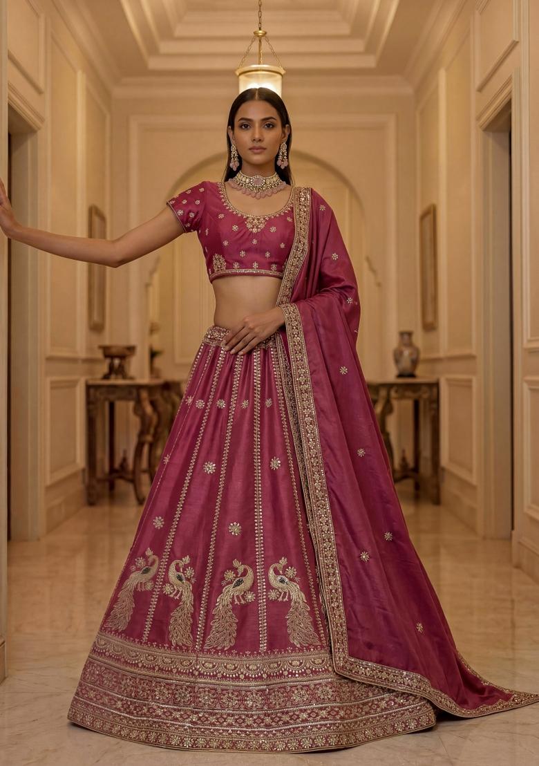Pink Embroidered Silk Lehenga Set - Indya