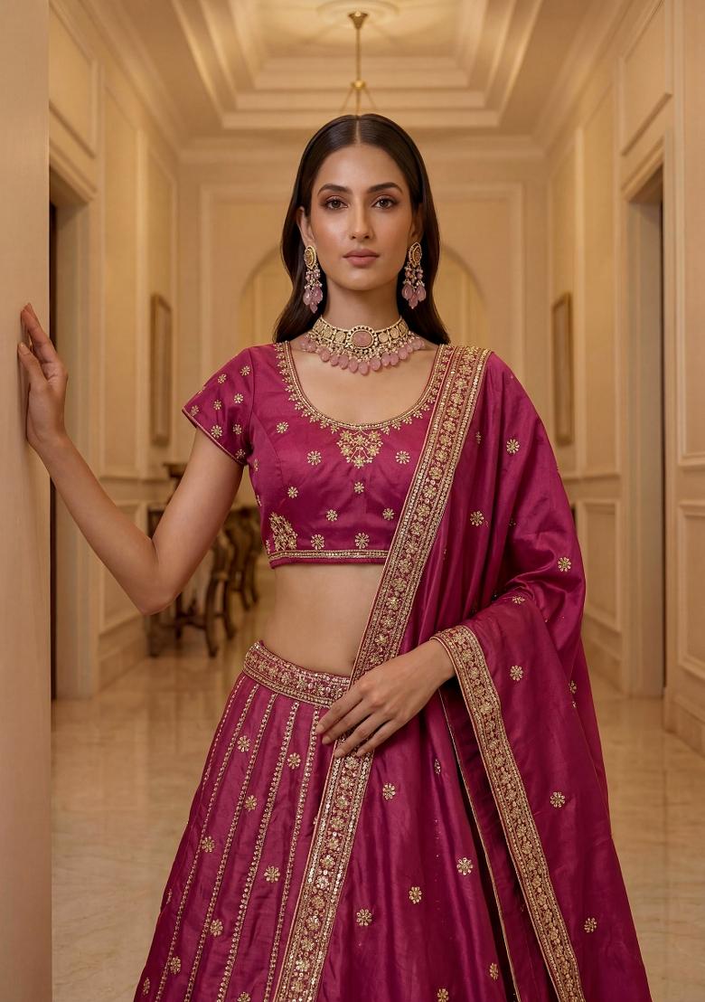 Pink Embroidered Silk Lehenga Set - Indya