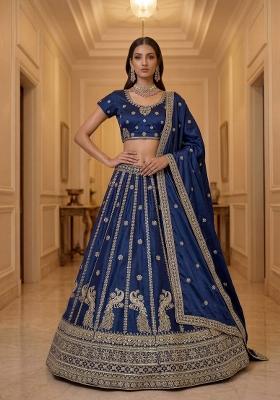 Blue Embroidered Silk Lehenga Set