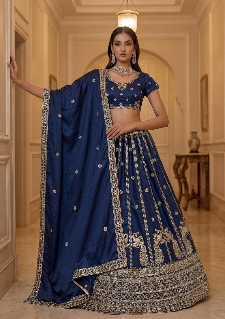 Blue Embroidered Silk Lehenga Set - Indya