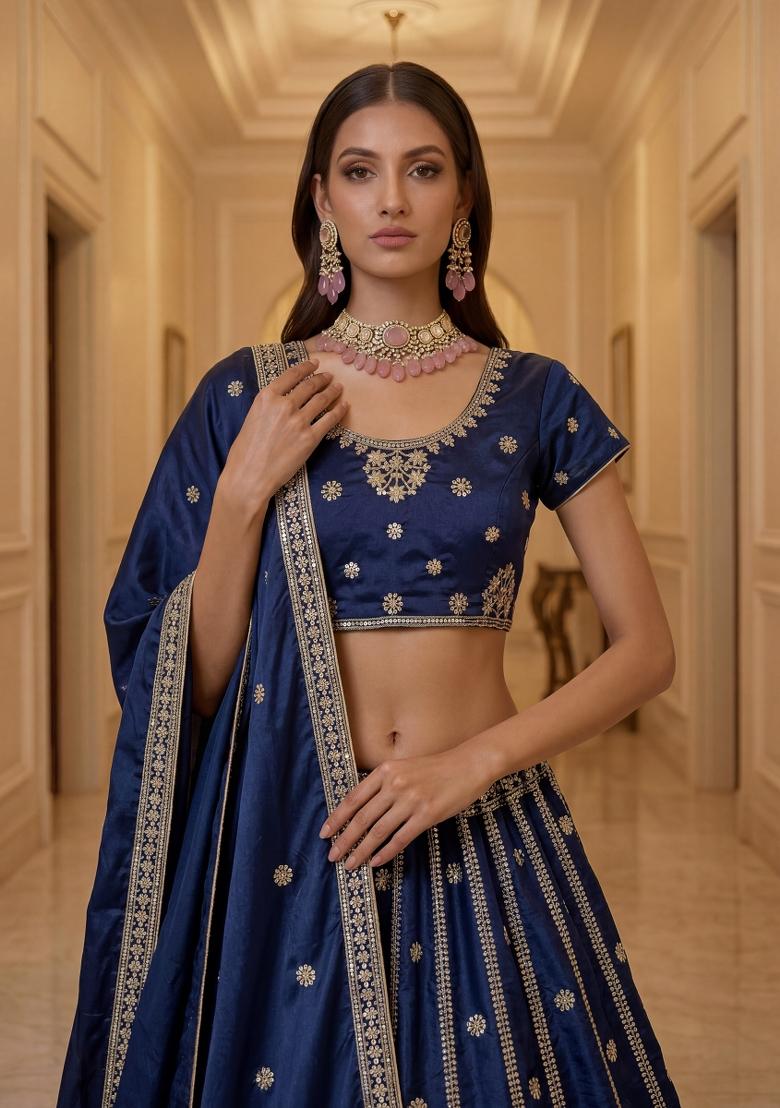Blue Embroidered Silk Lehenga Set - Indya