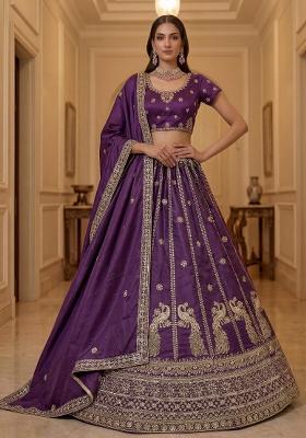Wine Embroidered Silk Lehenga Set