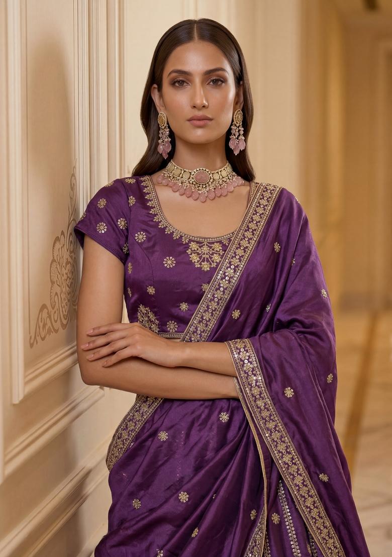 Wine Embroidered Silk Lehenga Set - Indya