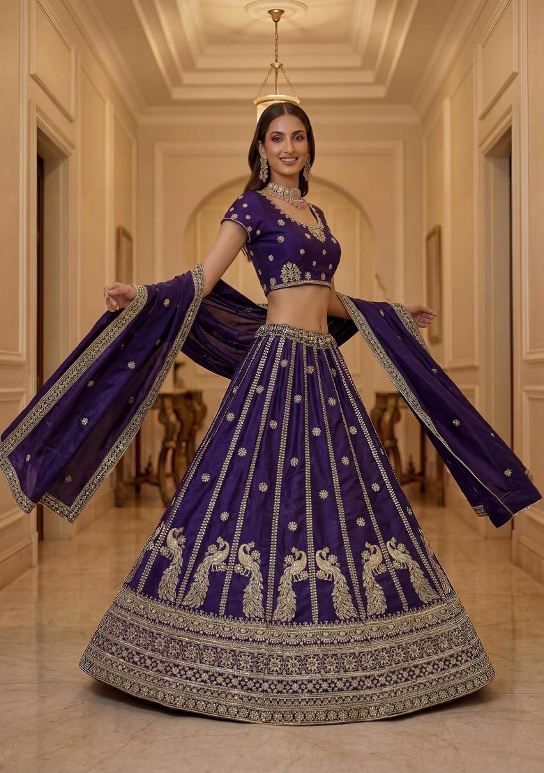 Violet Embroidered Silk Lehenga Set - Indya