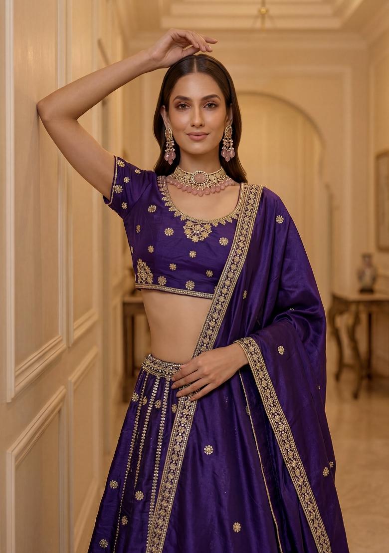 Violet Embroidered Silk Lehenga Set - Indya
