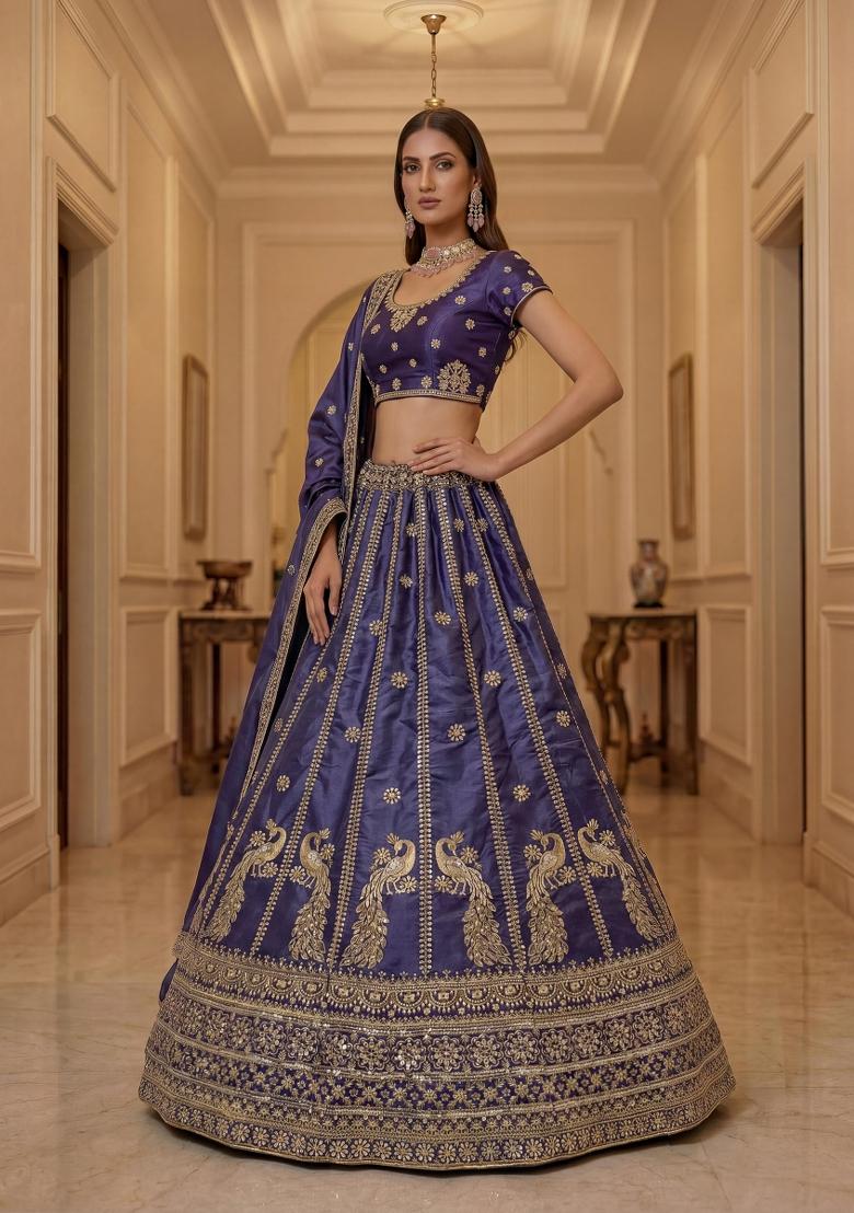 Purple Embroidered Silk Lehenga Set - Indya