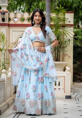 Sky Blue Embroidery Georgette Lehenga Set