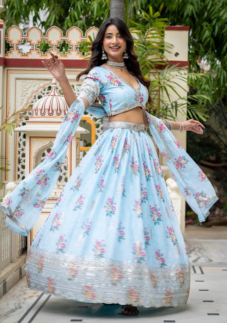 Sky Blue Embroidery Georgette Lehenga Set - Indya