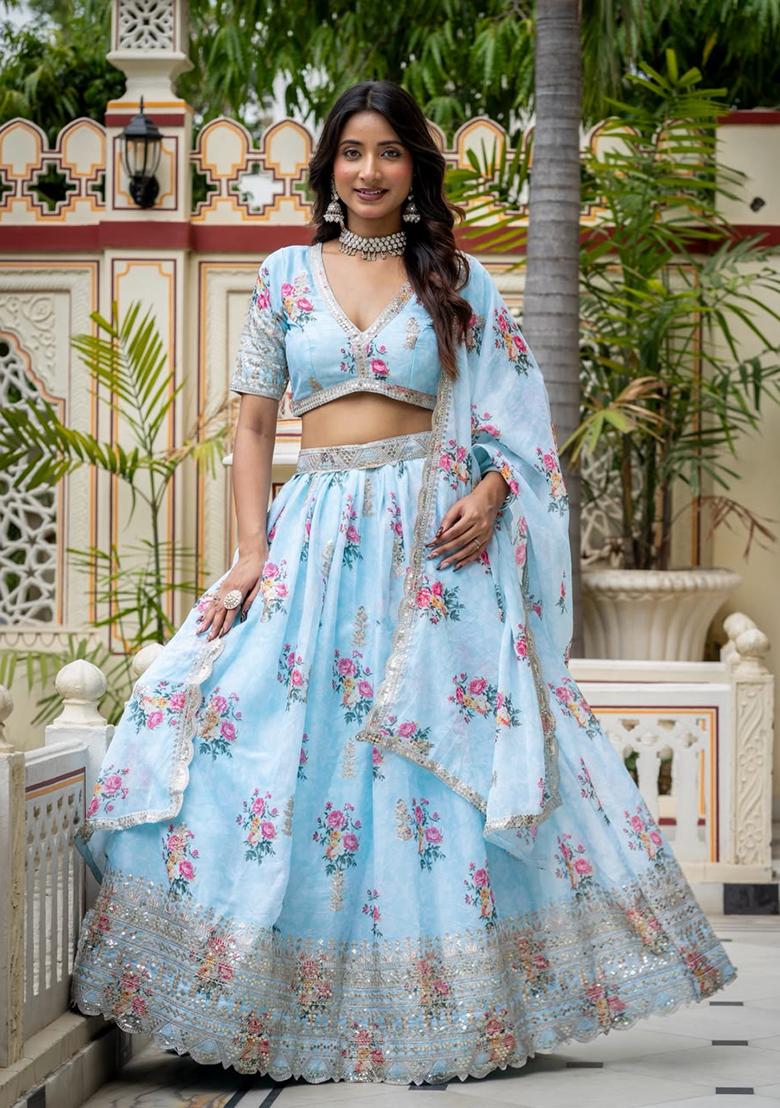 Sky Blue Embroidery Georgette Lehenga Set - Indya