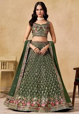 Green Embroidery Georgette Lehenga Set