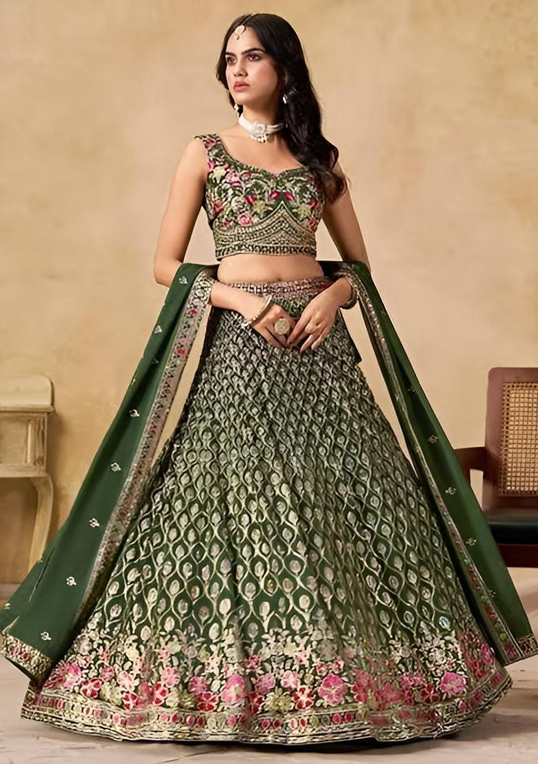 Green Embroidery Georgette Lehenga Set - Indya