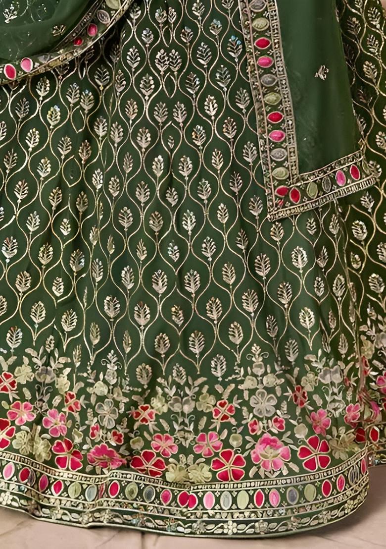 Green Embroidery Georgette Lehenga Set - Indya