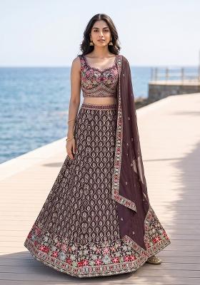 Dusty Mauve Embroidery Georgette Lehenga Set